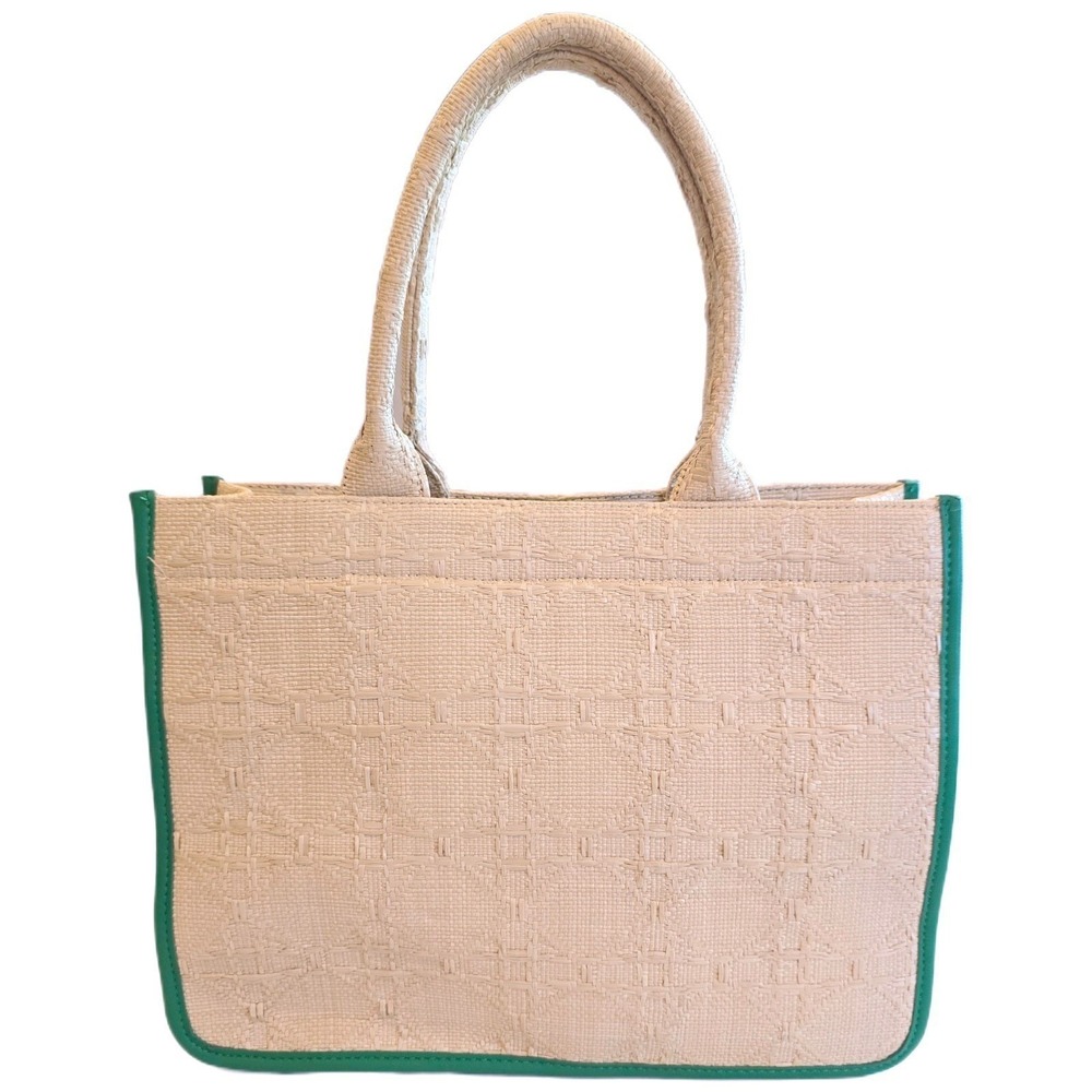 Antik Kraft Huda Woven Structured Tote Bag - Green Trim Boho Beach Vacation